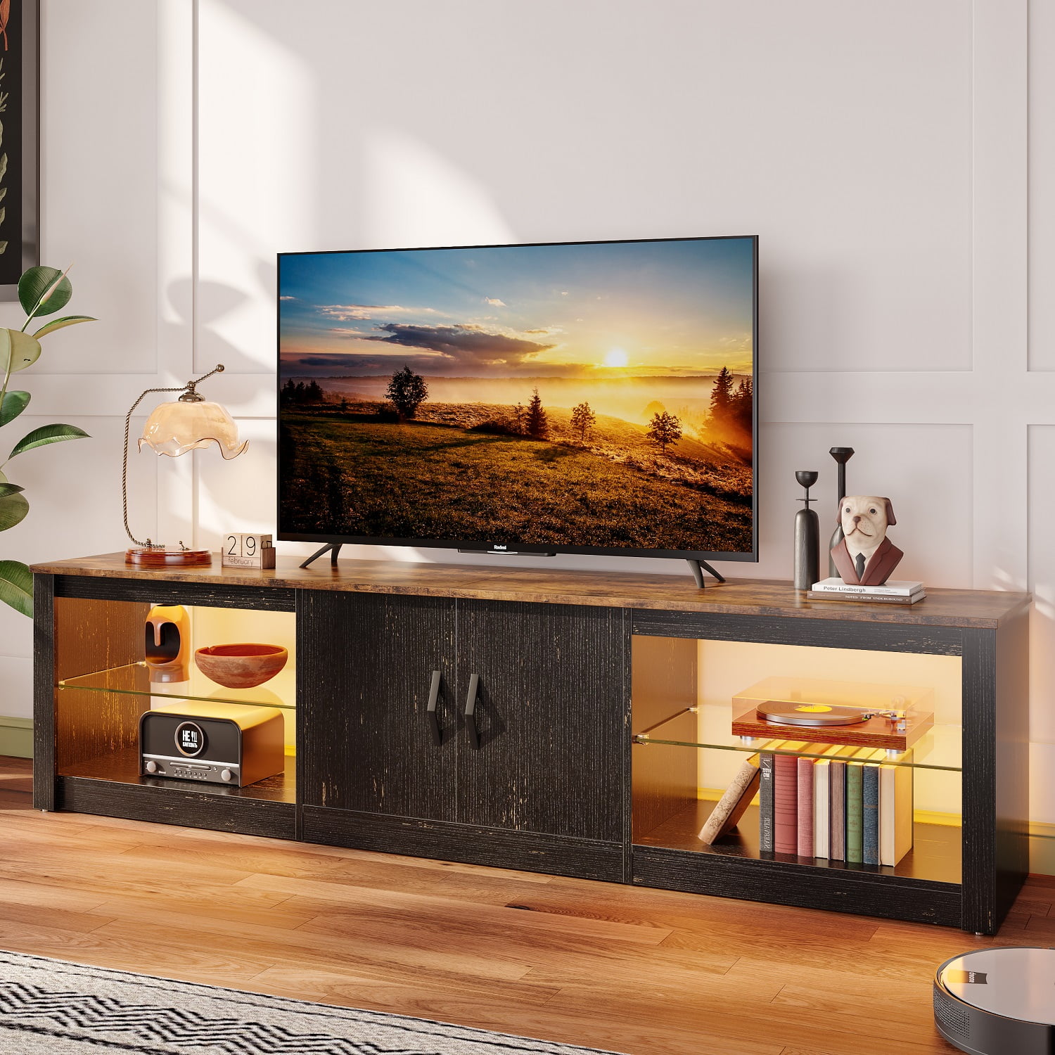 Bestier TV Stand for TVs up to 75" with Storage Cabinet, Entertainment Center for TVs with LED Light for Living Room, Black Gold