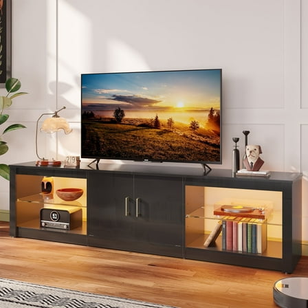 Bestier Modern TV Stand for TVs up to 75" High Gloss Entertainment Center with LED Lights & Storage Cabinet for Bedroom, Black