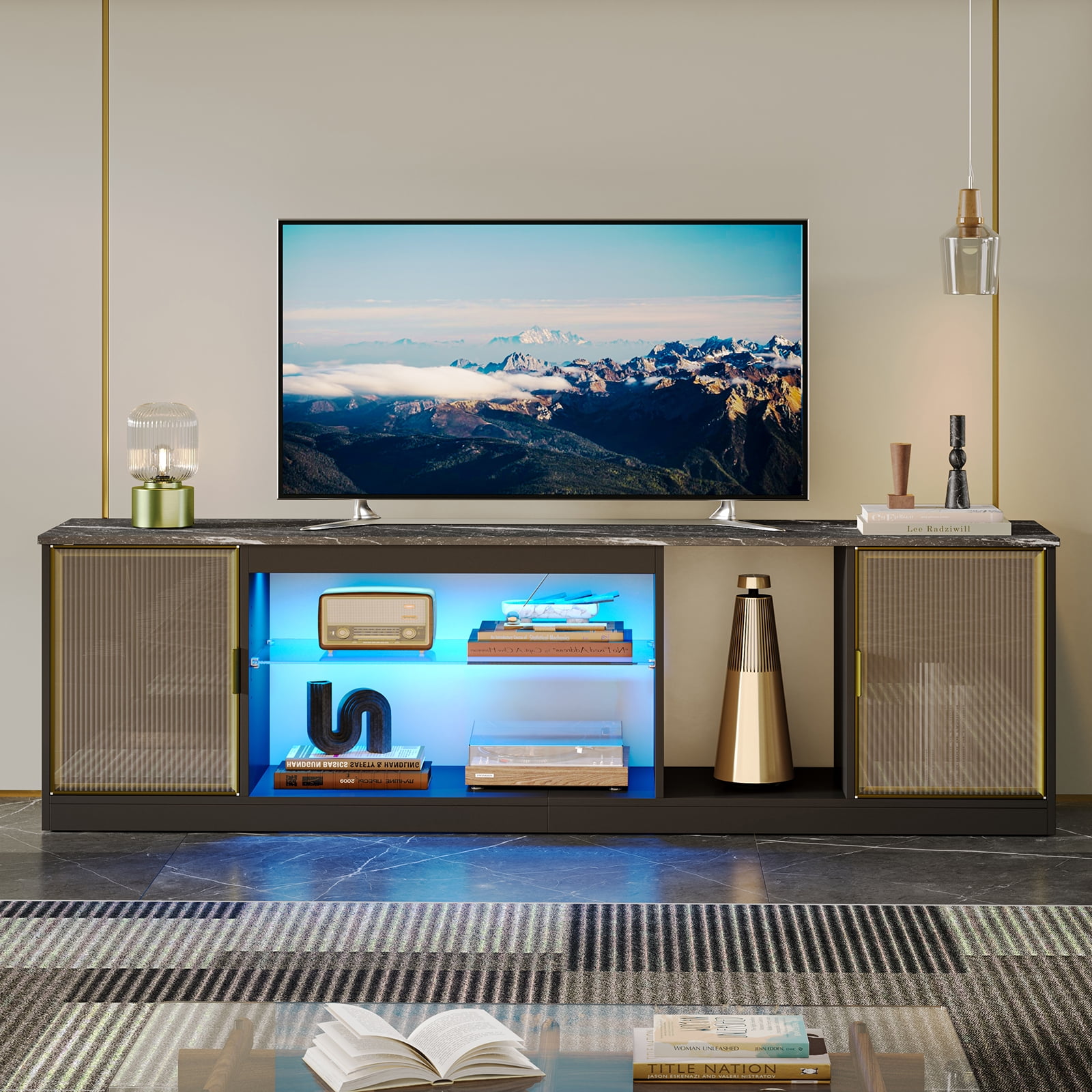 Bestier LED TV Stand for TVs up to 75", Gaming Entertainment Center with Storage Cabinet for PS5, TV Console for Living Room, Black Marble