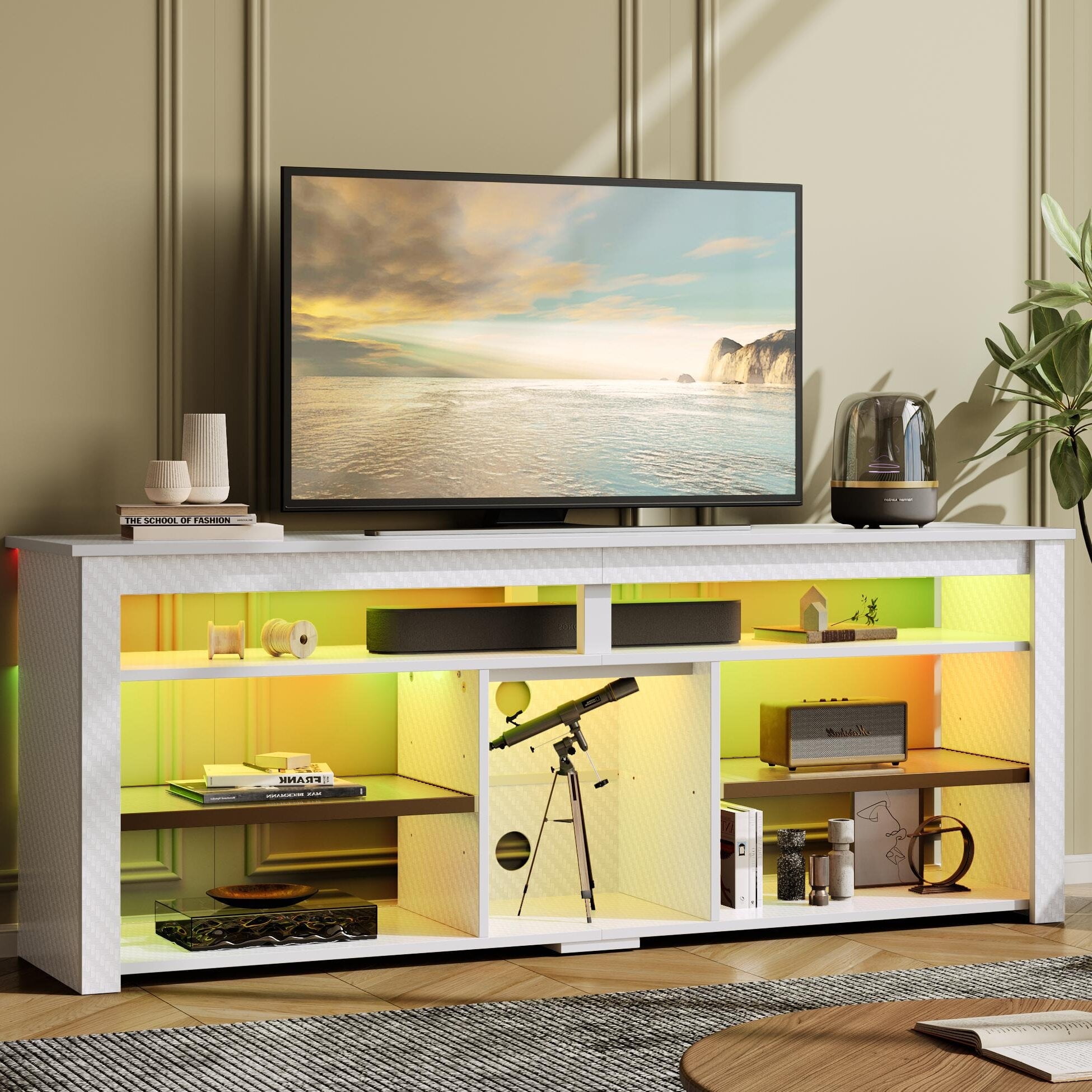 Bestier 63" Tall TV Stand with LED Lights, Entertainment Center for TV up to 70 inch, TV Console with Storage & Adjustable Shelves in White Carbon Fiber