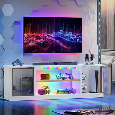 RSPGAME LED TV Stand for PS5 Xbox with Music Sync LED Lights, Gaming Entertainment Center for TVs 55/60/65 inch with Storage Cabinets Open Shelves for Living Room, White Marble