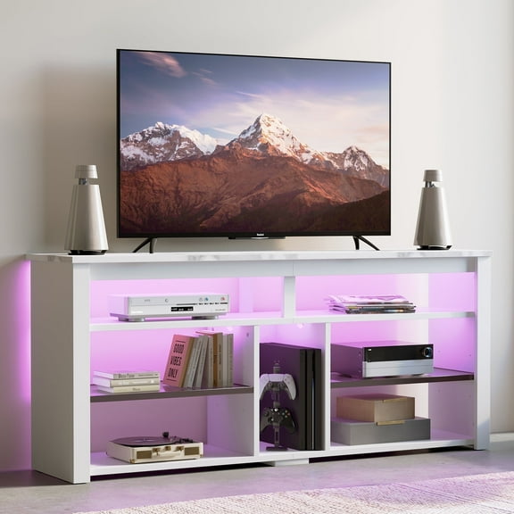 Bestier Tall TV Stand for 65" TVs,Entertainment Center with PS5 Storage,LED TV Stands for Living Room,TV console with Adjustable Storage Shelf,White Marble TV Stand