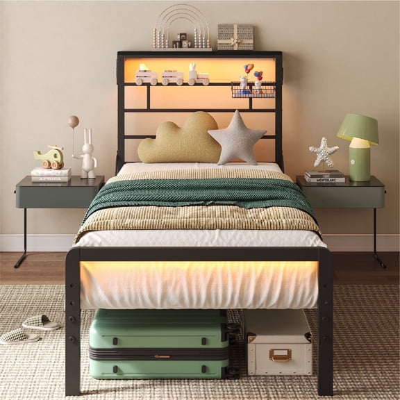 Bestier Twin Size LED Bed frame - Sturdy Metal Platform Bed with Headboard, Reversible Charging Station and 3 Adjustable Heights, Black