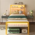 thumbnail image 1 of Bestier Twin Size LED Bedframe with Headboard and Reversible Charging Station - Sturdy Metal Platform Bed with 3 Adjustable Heights, Gold, 1 of 10