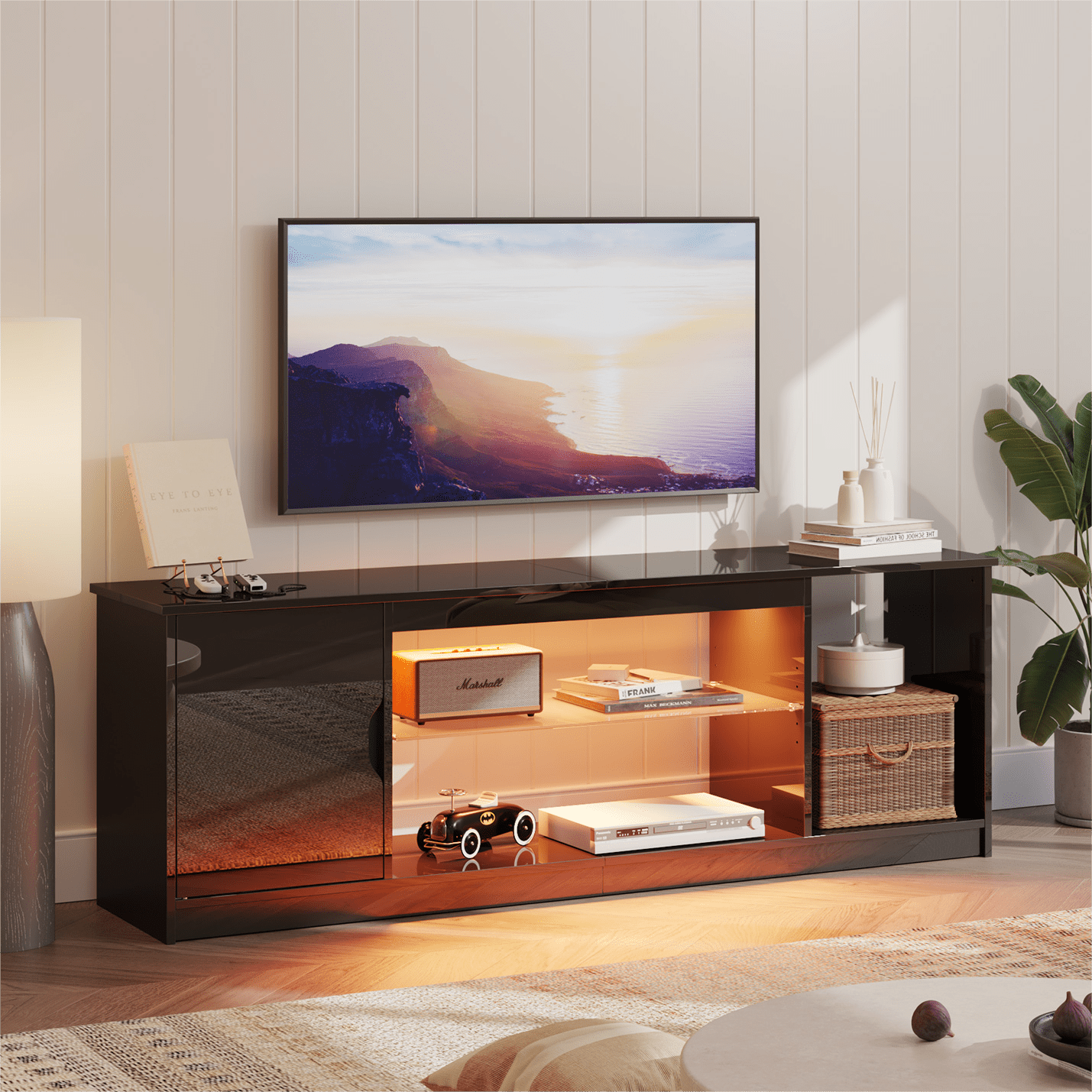 Bestier Led Entertainment Center for PS5 Gaming TV Stand with Cabinet for 60 65 Inch TV Modern TV Console with Adjustable Glass Shelf for Living