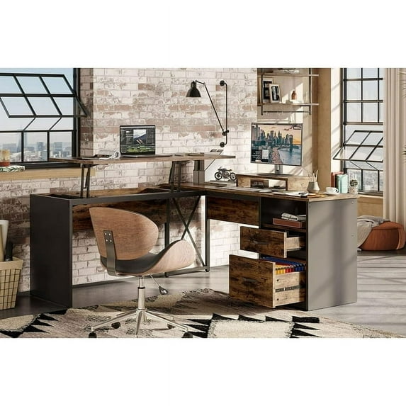Bestier Lift Top L Shaped Desk with File Drawer, 55'' x 55'' Office Desk with Reversible Storage Drawers, L Shaped Standing Desk with Computer Monitor Stand in Rustic