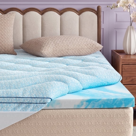 Bestier Queen 3 Inch Dual Layered Mattress Topper with 2 Inch Cooling Gel Memory Foam & 1 Inch Tencel Lyocell Pillow Top Cover, Pressure Relieving Breathable Bed Topper for Back Pain Support, Blue