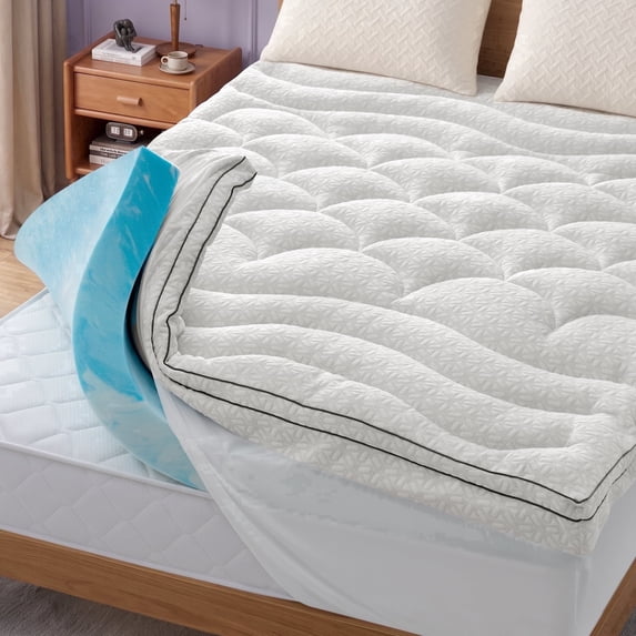Bestier Queen Size Dual Layer 3 inch Memory Foam Mattress Topper, 2 inch Gel Memory Foam and 1 inch Tencel Lyocell Down Alternative Quilted Pillow Top Mattress Pad Cover for Back Pain, White