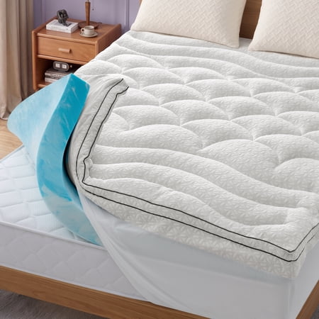 Bestier Queen Size Dual Layer 3 inch Memory Foam Mattress Topper, 2 inch Gel Memory Foam and 1 inch Tencel Lyocell Down Alternative Quilted Pillow Top Mattress Pad Cover for Back Pain, White