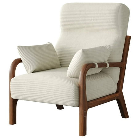 Bestier Mid-Century Modern Accent Chair with Solid Wood Frame & Pillows, 37" Upholstered Reading Lounge Chair for Living Room, Bedroom, Beige