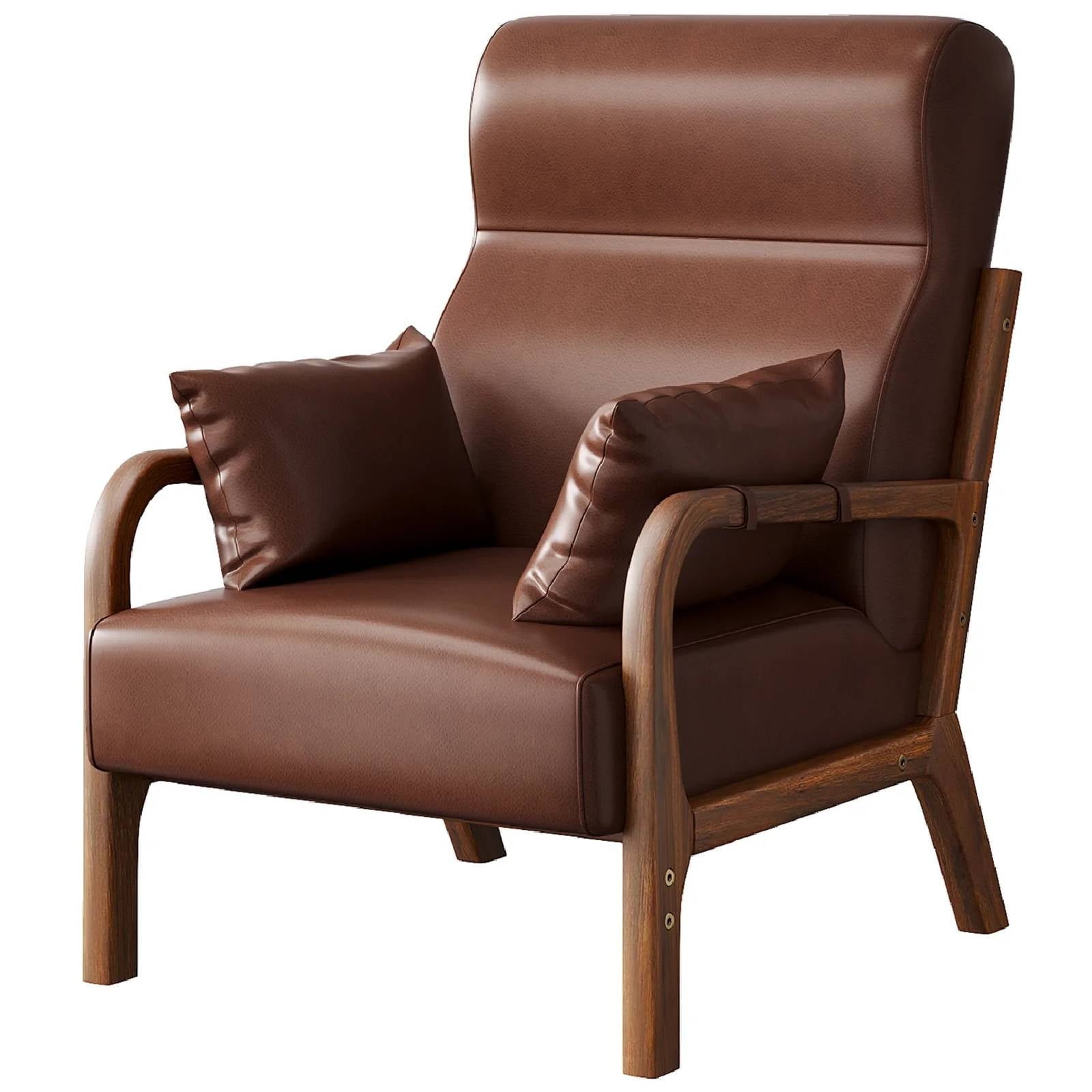 Bestier Mid-Century Modern Accent Chair with Solid Wood Frame & Pillows, 37" Upholstered Reading Lounge Chair for Living Room, Bedroom, Brown PU Leather
