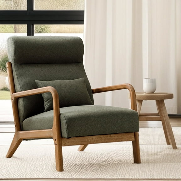 Bestier Accent Chairs for Living Room, Mid-Century Modern Arm Chair with High Back and Waist Cushion, Upholstered Reading Armchair with Solid Wood Frame, Green