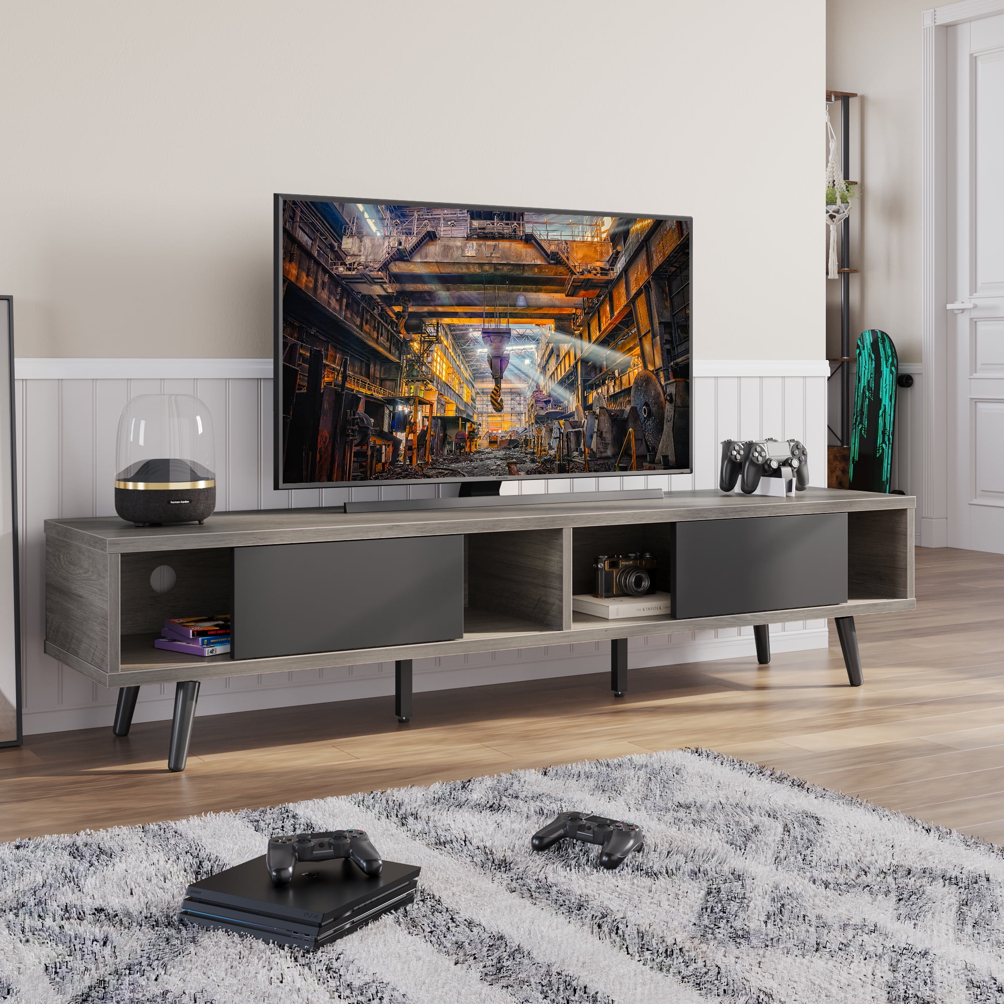Free Shipping Bestier Mid Century Modern TV Stand for TVs up to 75 with Storage Entertainment Center in Wash Grey Walmart