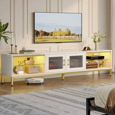 Bestier LED TV Stand for TVs up to 65"/75"/80/85", 80" Entertainment Center with Glass Movable Laminates  & High Cabinet Legs for Living Room, White