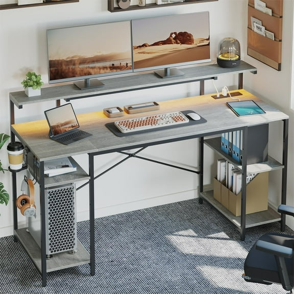 Bestier 55 inch Computer Desk with Outlets & LED Light, Office Desk with Storage Shelves & Monitor Stand, Corner Desk with Cup Holder & Headset Hooks, Grey
