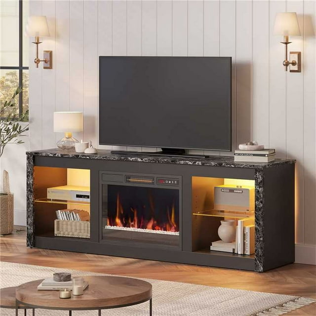 Bestier Modern Electric 7 Color LED Fireplace TV Stand for TVs up to 70", Black Marble