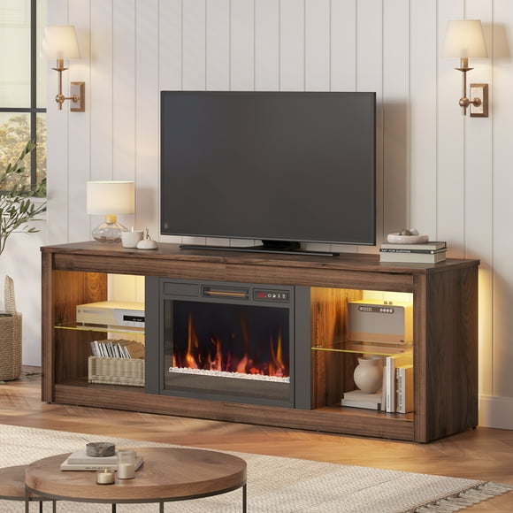 Bestier Modern Electric 7 Color LED Fireplace TV Stand for TVs up to 70", Walnut