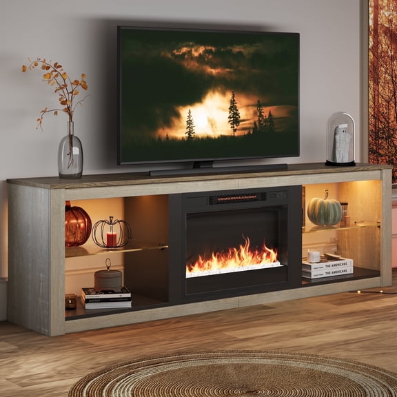 Bestier Electric Fireplace TV Stand for 75 inch TVs, Fireplace TV Stands for Living Room or Bedroom, LED Entertainment Center with Fireplace, RGB Ambient Lighting, Quick Assembly, Wash White