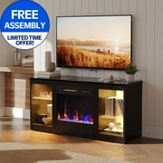 Bestier Modern Electric Fireplace TV Stand for TVs up to 55", with LED and Glass Shelves, High Gloss Finish, Black Marble