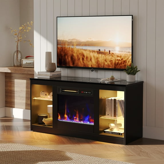 Bestier Modern Electric Fireplace TV Stand for TVs up to 55", with LED and glass shelves, Black Marble