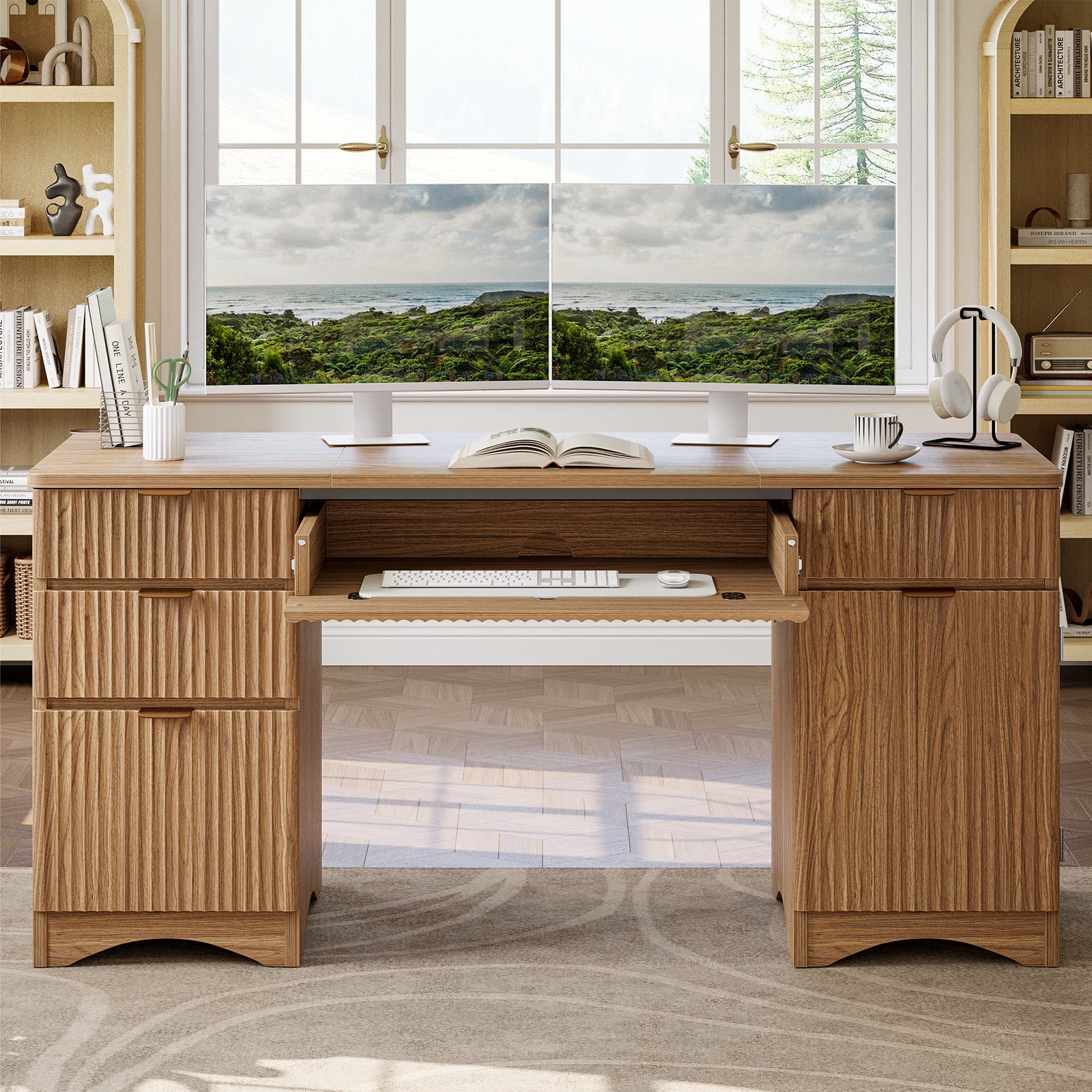 Bestier 63" Executive Desk with Keyboard Tray, Modern Home Office Desk with 4 Drawers & 1 Large Cabinet, Fluted Computer Writing Desk for Study, Living Room, Bedroom, Brown
