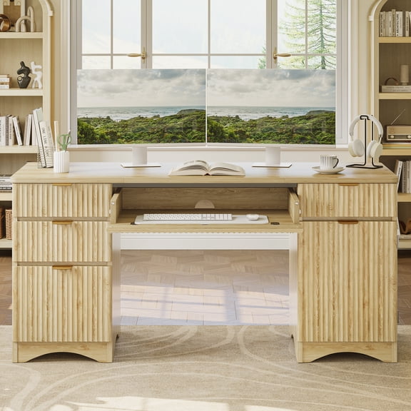 Bestier 63" Executive Desk with Keyboard Tray, Modern Home Office Desk with 4 Drawers & 1 Large Cabinet, Fluted Computer Writing Desk for Study, Living Room, Bedroom, Oak