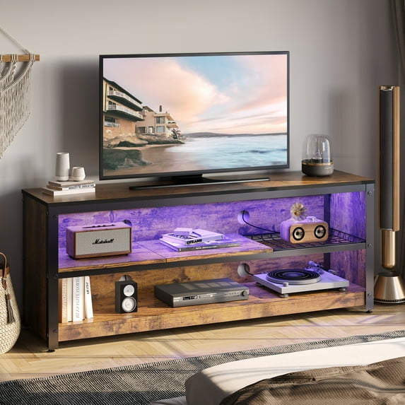 Bestier Modern LED TV Stand for 30-60" TVs, Media Console with Storage Shelves, Rustic Brown