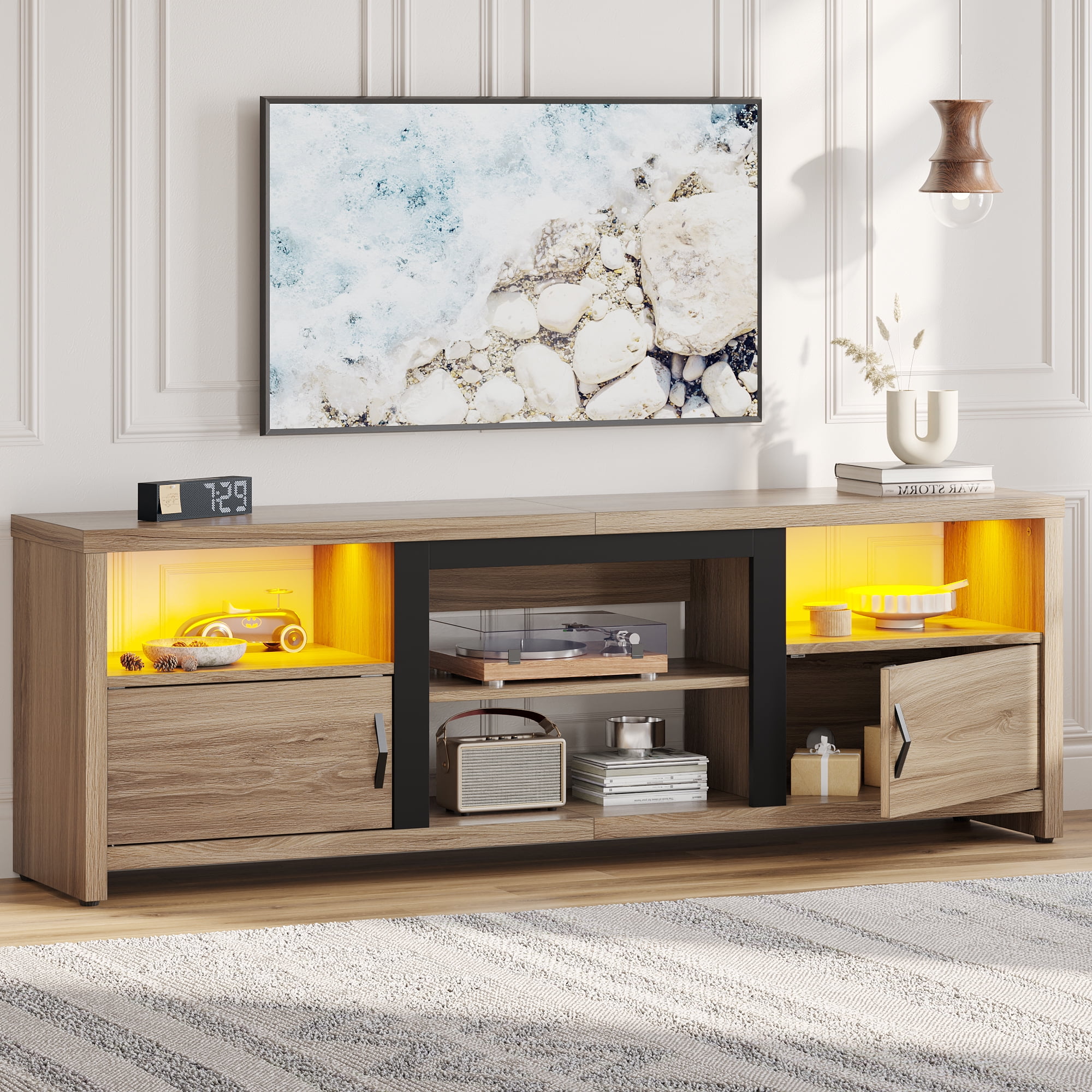 Bestier Modern LED TV Stand for Up to 85 Inch TV with Open Cubes and Cabinets Walnut