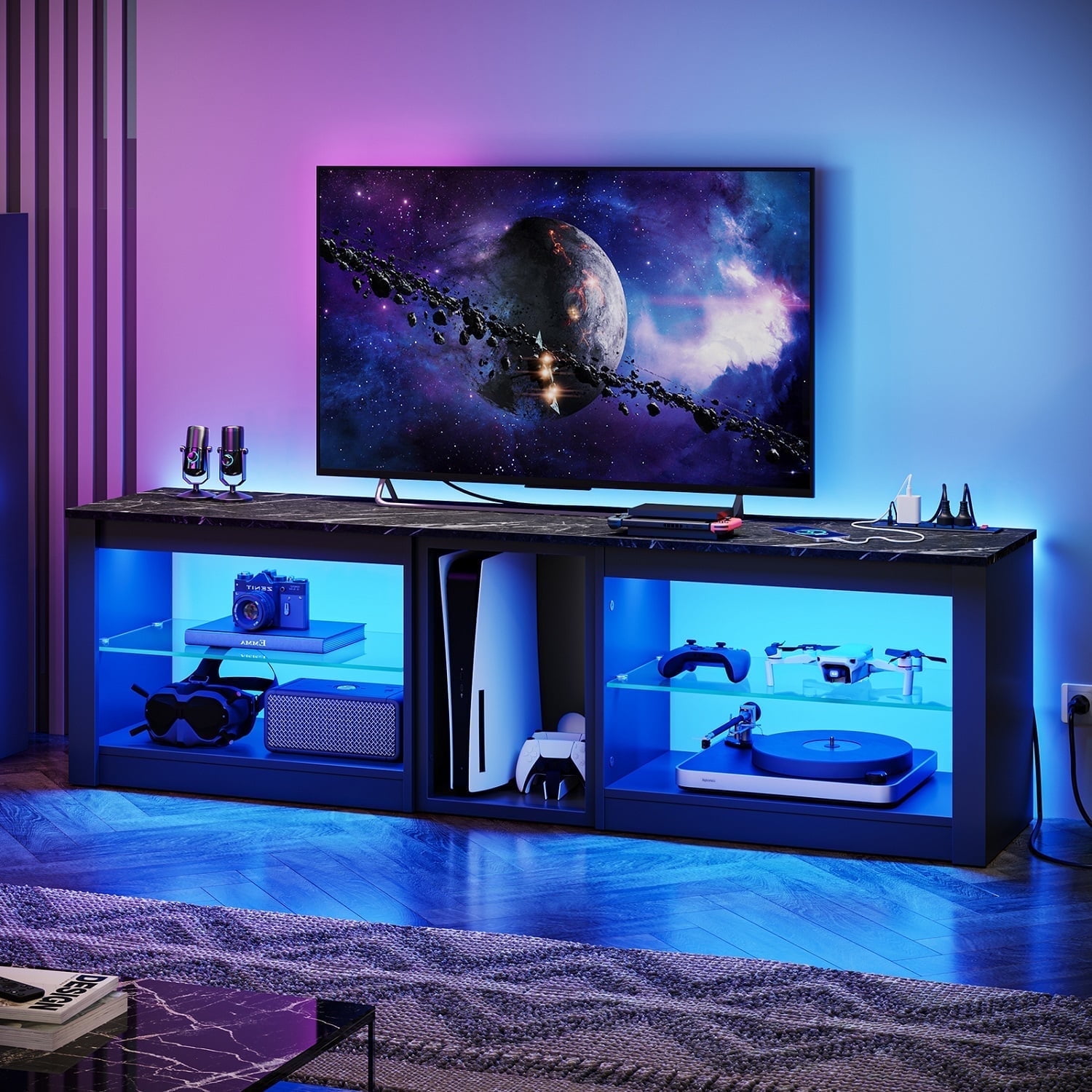Bestier LED TV Stand for PS5,Modern Gaming Entertainment Center with Cabinet for 60/65 Inch TV,Easily Assemble TV Corner Console with Adjustable Glass : Bestier TV Stand for 75 inch TV, Tall LED