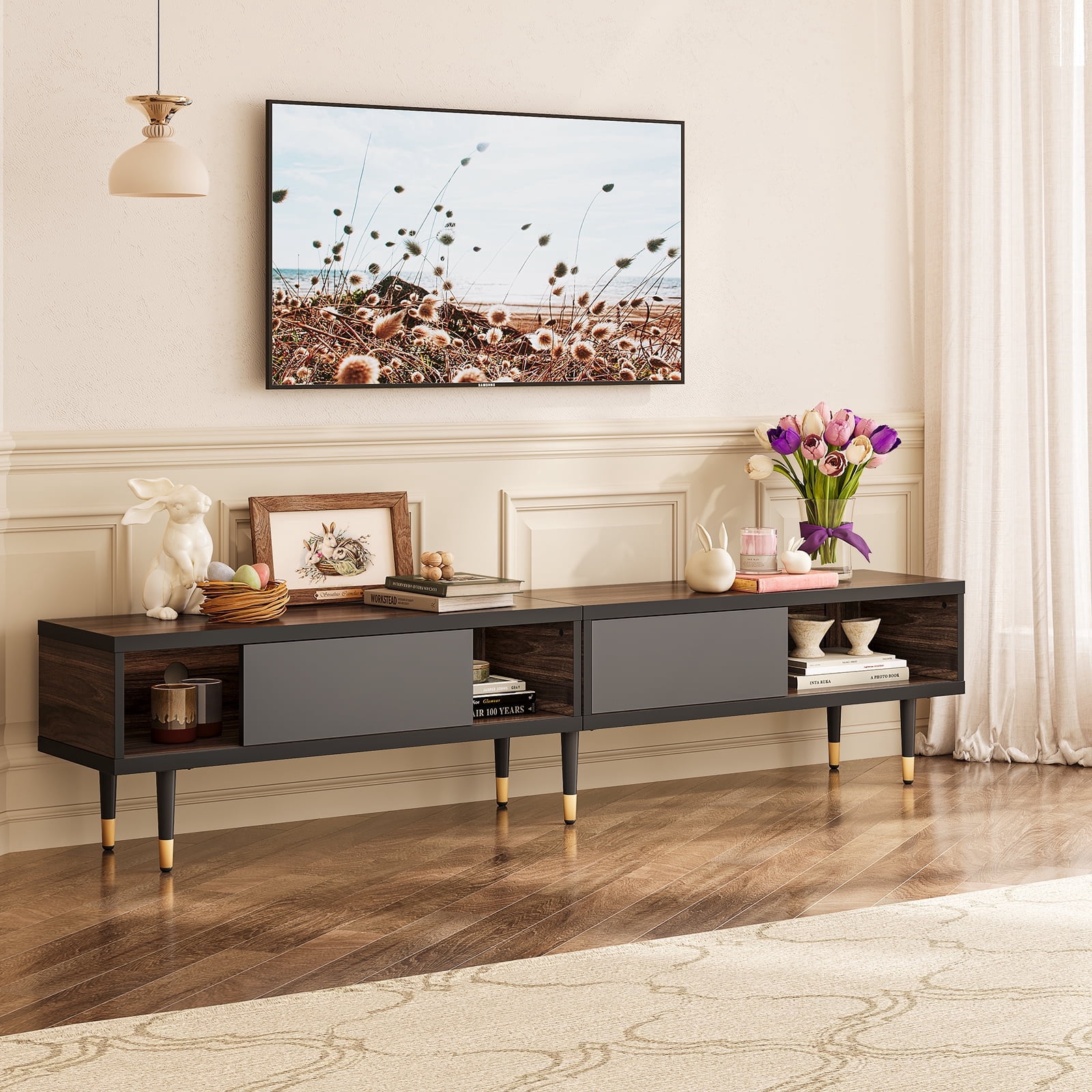 Bestier 80 inch Mid Century Modern TV Stand, 2 in 1 Reversible Entertainment Center with Storage and Sliding Doors, Ancona Walnut