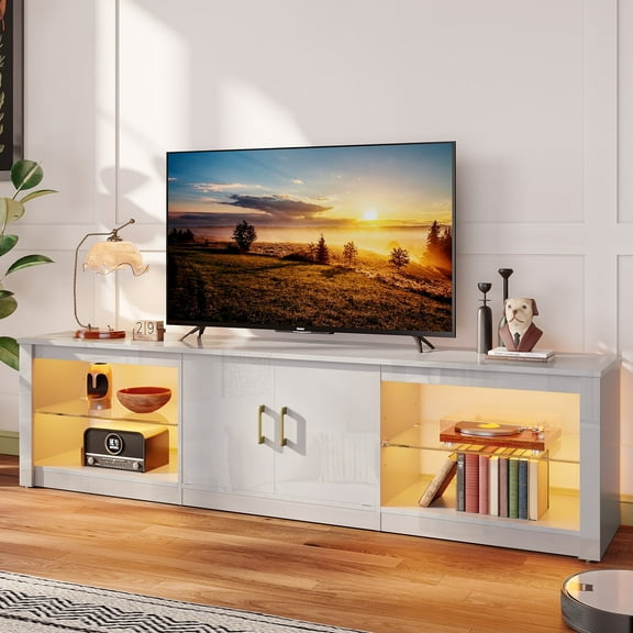 Bestier Modern TV Stand for TVs up to 75" High Gloss Entertainment Center with LED Lights & Storage Cabinet for Living Room in White