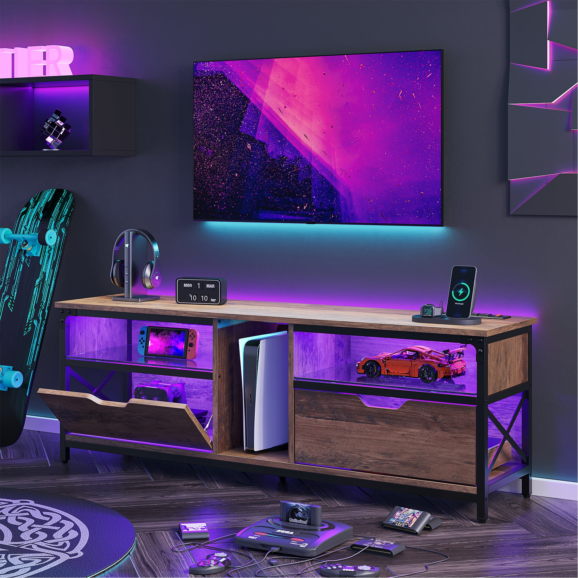 Bestier Modern TV Stand with Charging Station & RGB LED Lights for TVs