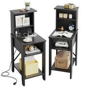 Bestier Narrow 37" Tall Nightstand for Small Spaces, with Charging Station, Set of 2, Black