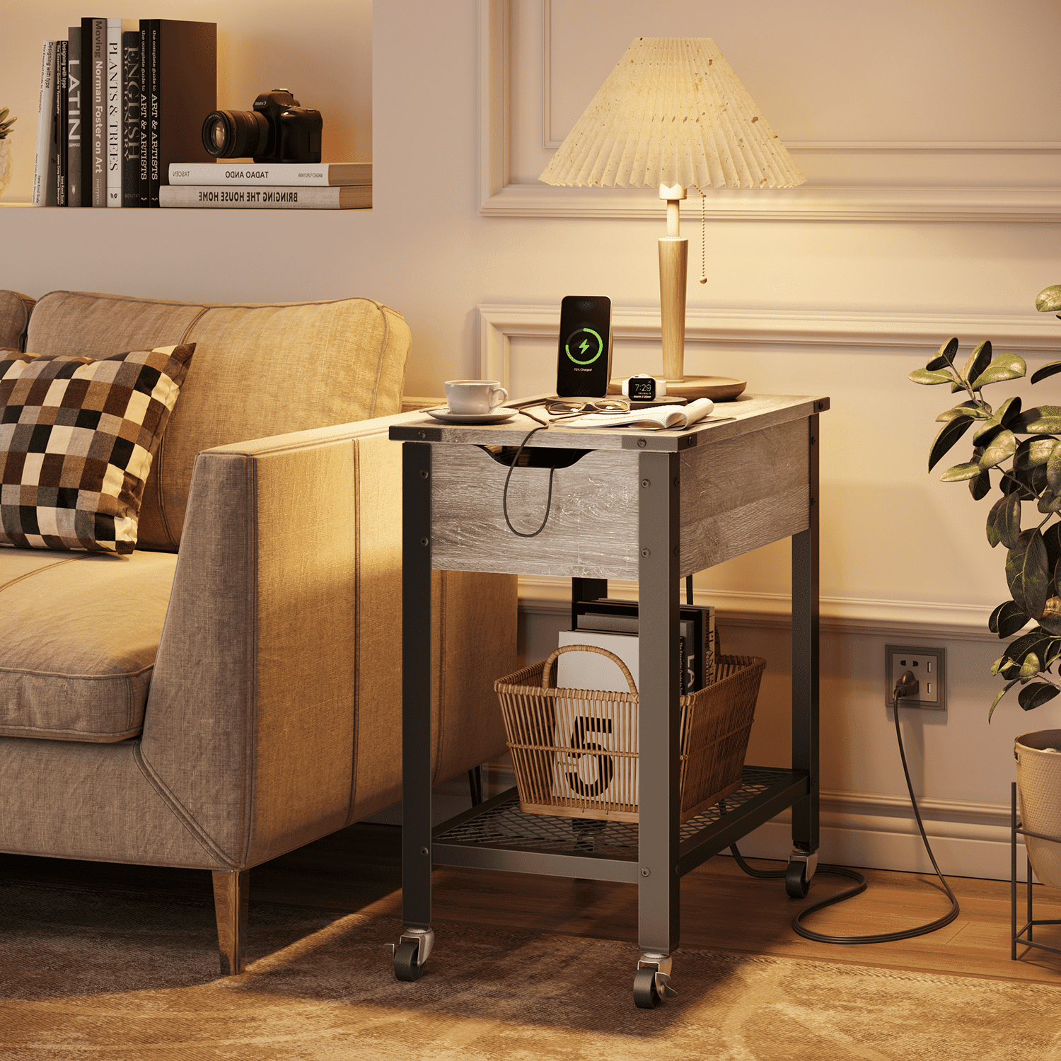 Bestier Narrow End Table with Charging Station & Removable Laptop Desk & Wheels, Gray