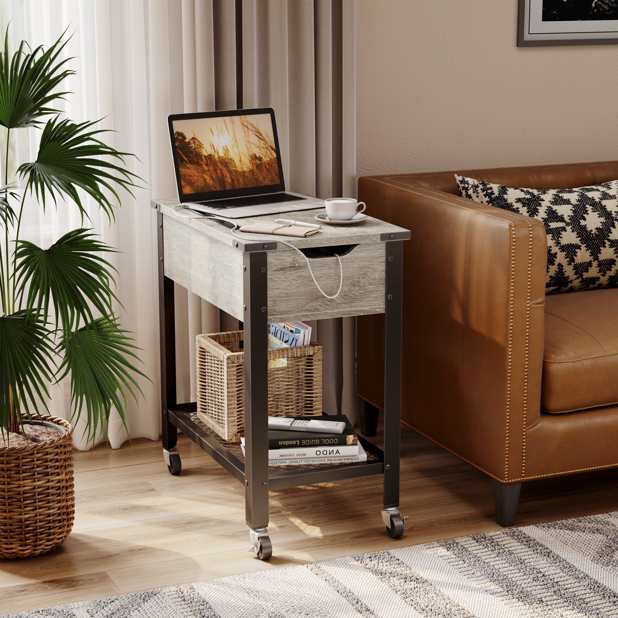 Bestier Narrow End Table with Charging Station & Removable Laptop Desk & Wheels, Gray