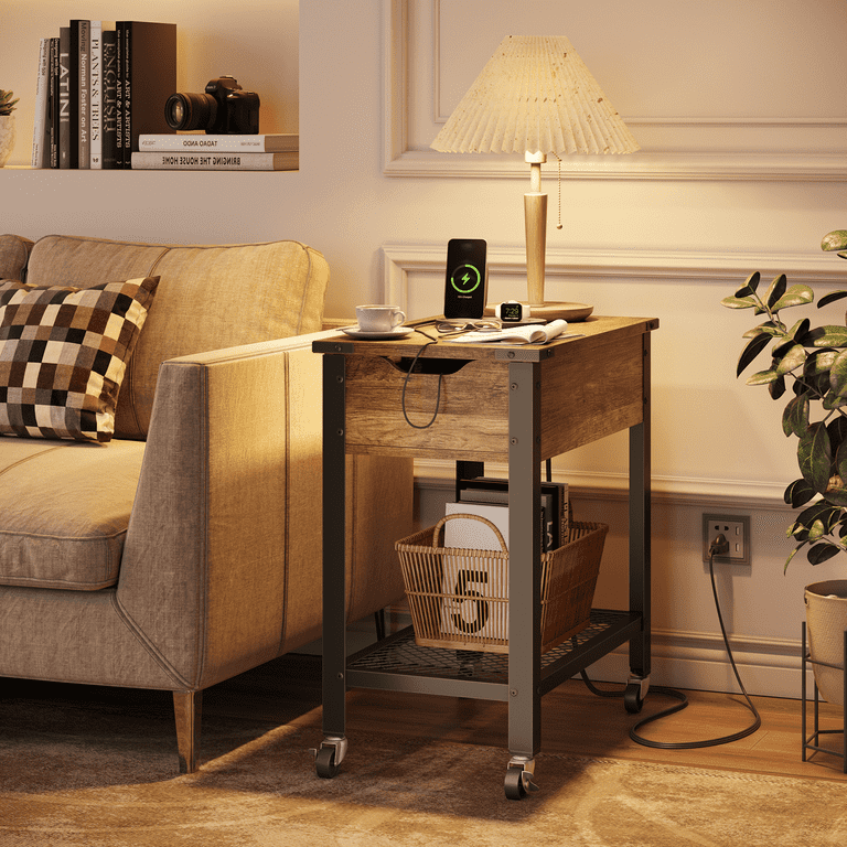 Bestier Narrow End Table with Charging Station Removable Laptop Desk Wheels Weathered Rustic Oak Walmart
