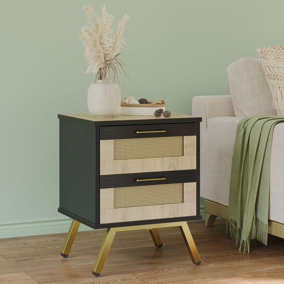 Bestier Natural Rattan Nightstand with 2 Drawers, Bedside Table with Storage, Modern End Table with Metal Legs for Living Room, Bedroom, Kids Room