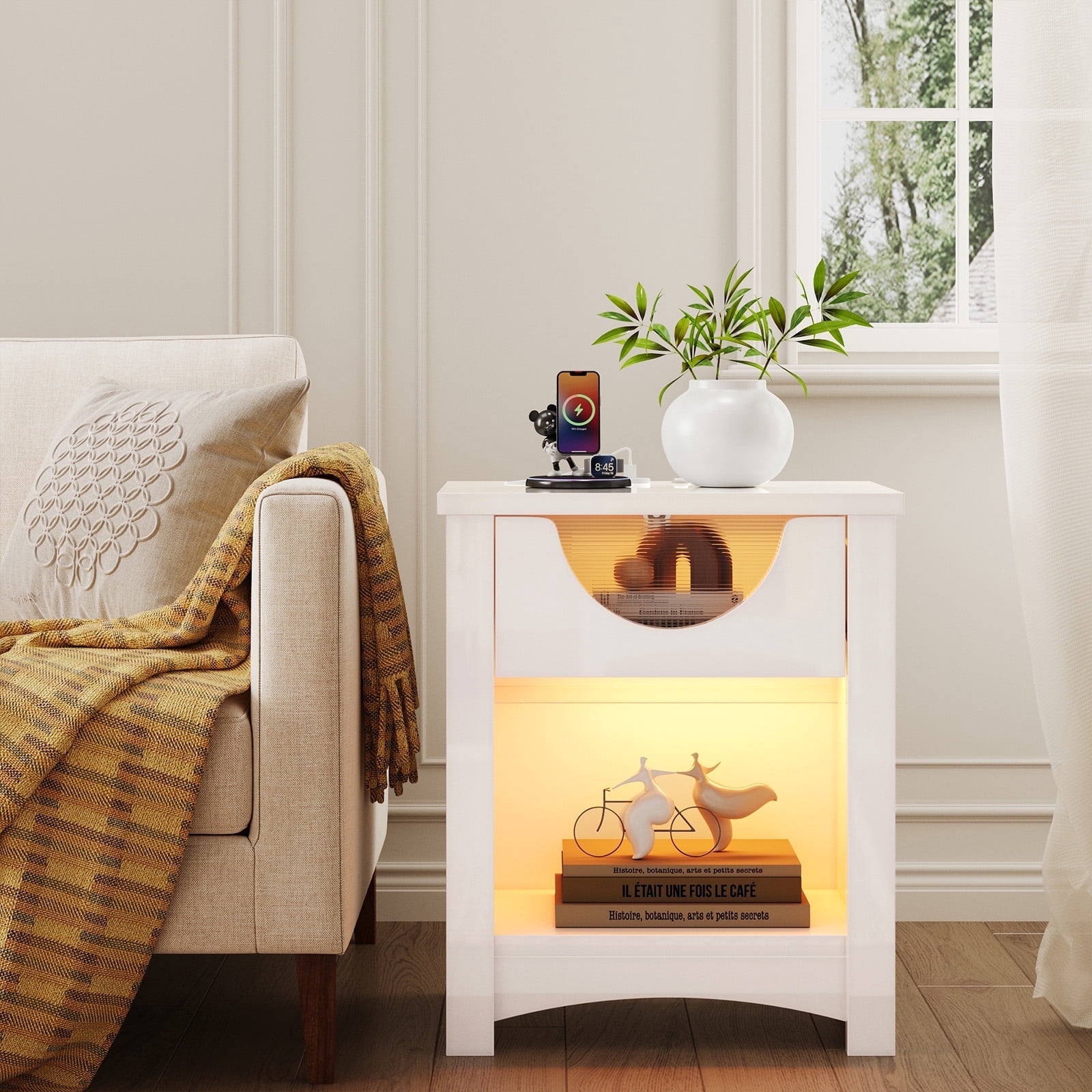 Bestier Modern White Nightstand with Charging Station, LED Light, Drawer – Bedroom & Living Room End Table