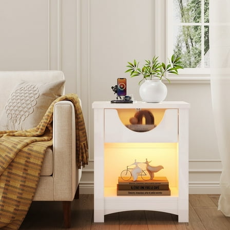 Bestier White Nightstands  with Charging Station, LED Modern Wood End side Table with Drawer for Bedroom, Living Room