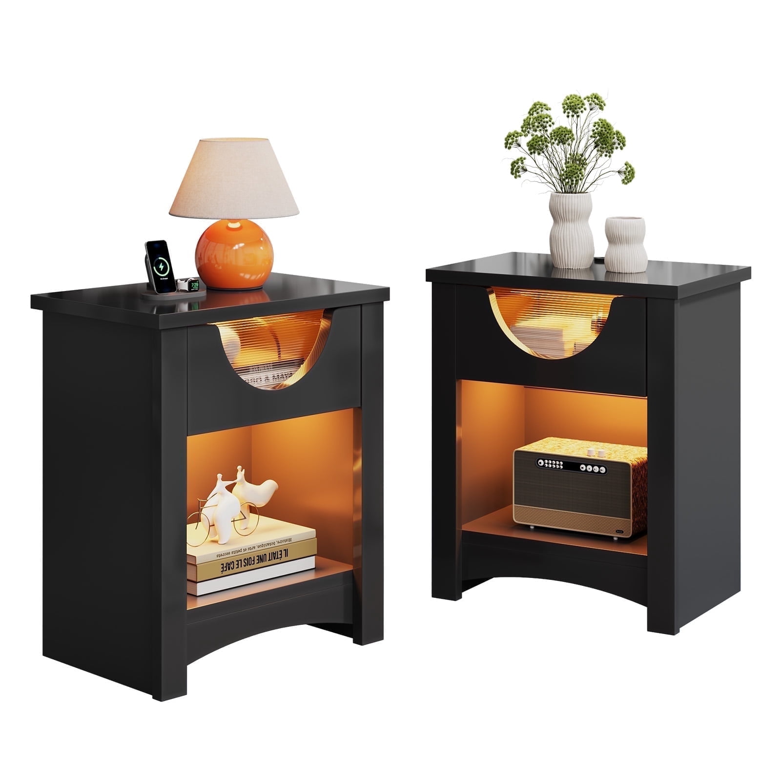 Bestier Black Nightstands Set of 2 with Charging Station, Modern LED End Table Bedside Table with Drawer for Bedroom, Living Room