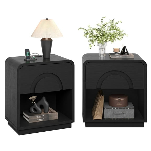 Bestier Black Nightstands Set of 2 with Charging Station,Modern Bedside Table End Table with Storage Drawer & Open Shelf for Bedroom Living Room Dorm Office