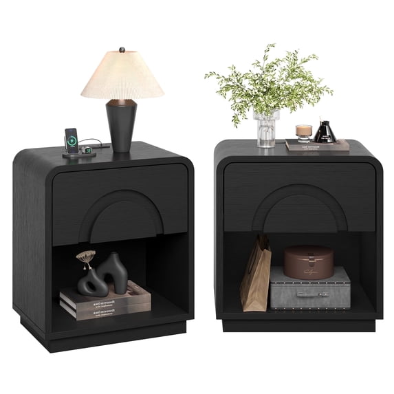 Bestier Black Nightstands Set of 2 with Charging Station,Modern Bedside Table End Table with Storage Drawer & Open Shelf for Bedroom Living Room Dorm Office