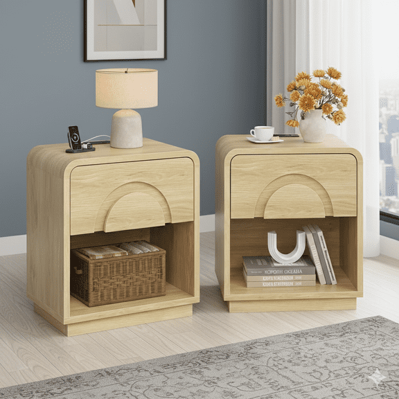 Bestier Nightstands Set of 2 with Charging Station, Modern Bedside Table End Table with Storage Drawer & Open Shelf for Bedroom Living Room Dorm Office, Natural