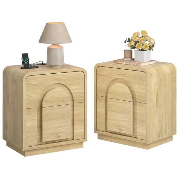 Bestier Natural Nightstands set of 2 with charging station,Modern Bedside Table End Table with 2 Storage Drawer for Bedroom Living Room Dorm Office