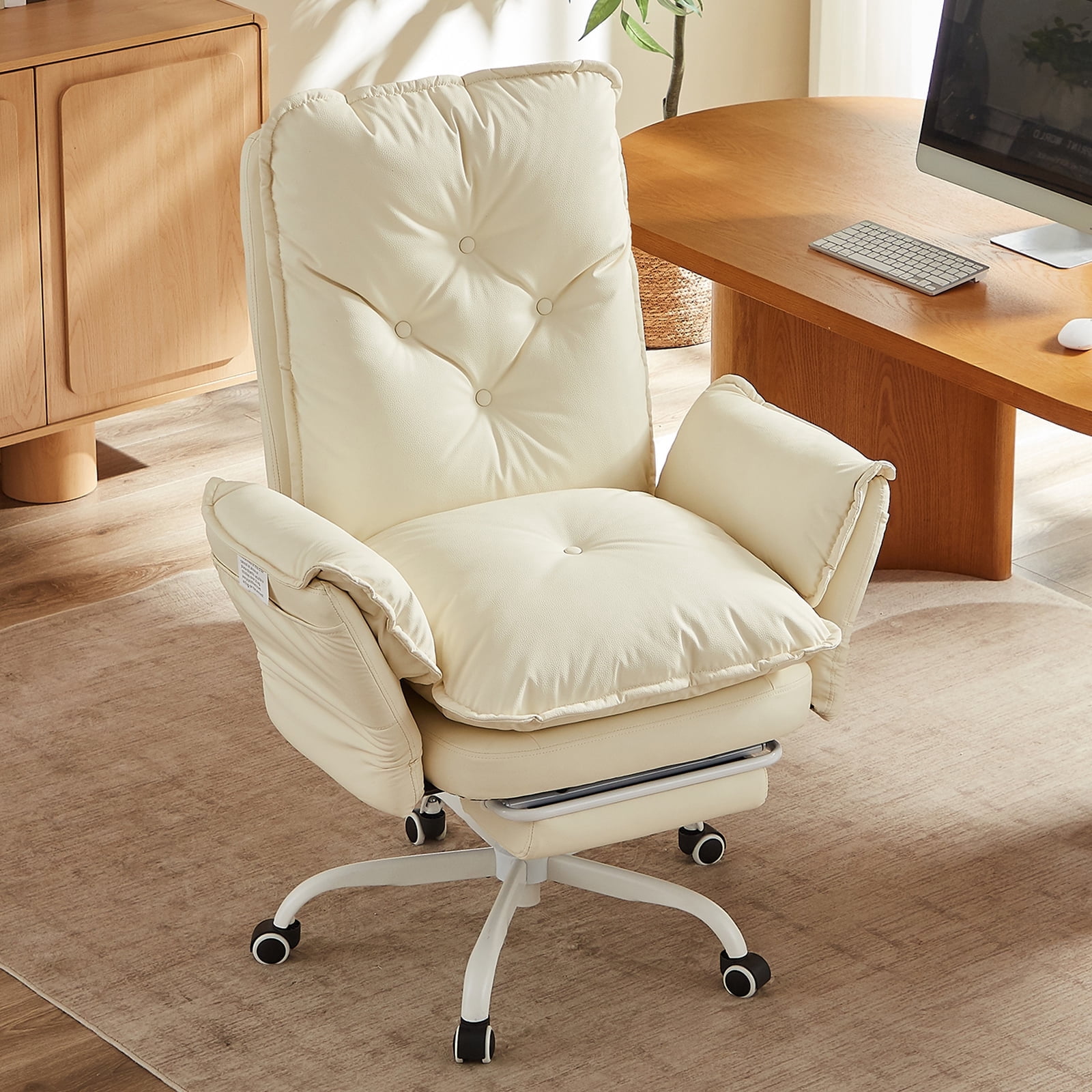 Bestier Big and Tall Executive Office Chair with Footrest and Flip-Up Arms, Ergonomic Reclining High Back Criss Cross Chair with Side Pockets, Height Adjustable, Beige