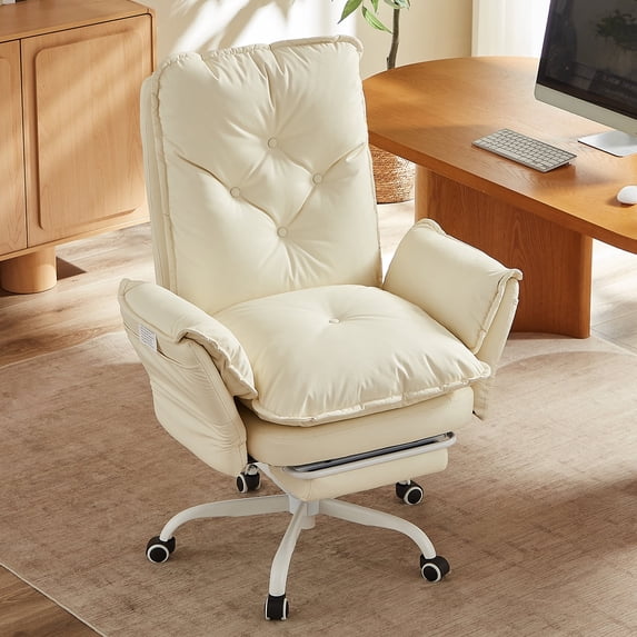 Bestier Big and Tall Executive Office Chair with Footrest and Flip-Up Arms, Ergonomic Reclining High Back Criss Cross Chair with Side Pockets, Height Adjustable, Beige