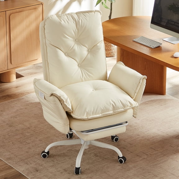 Bestier Big and Tall Executive Office Chair with Footrest and Flip-Up Arms, Ergonomic Reclining High Back Criss Cross Chair with Side Pockets, Height Adjustable, Beige