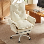 Bestier Big and Tall Executive Office Chair with Footrest and Flip-Up Arms, Ergonomic Reclining High Back Criss Cross Chair with Side Pockets, Height Adjustable, Beige