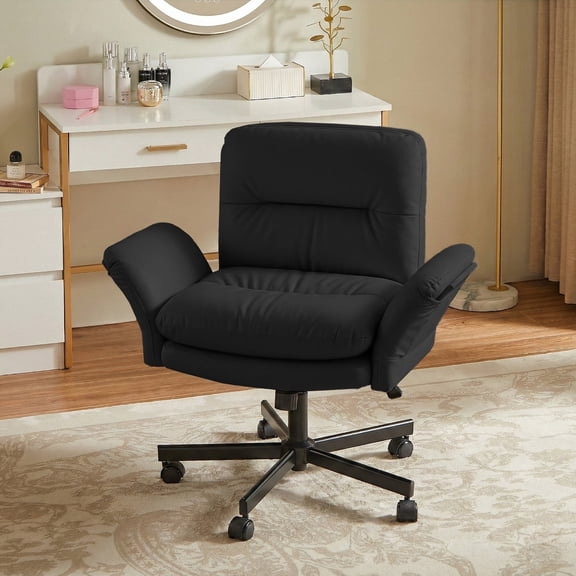 Bestier Office Chair Criss Cross Chair with Flip-Up Arms, Adjustable Height, Comfy Computer Chair, Vanity Chair with Side Pockets, Black,PU Leather