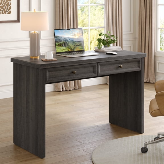 Bestier 47" Computer Desk with 2 Storage Drawers, Modern Farmhouse Writing Study PC Table, Ergonomic Spacious Workstation for Home Office Bedroom Dorm, Gray